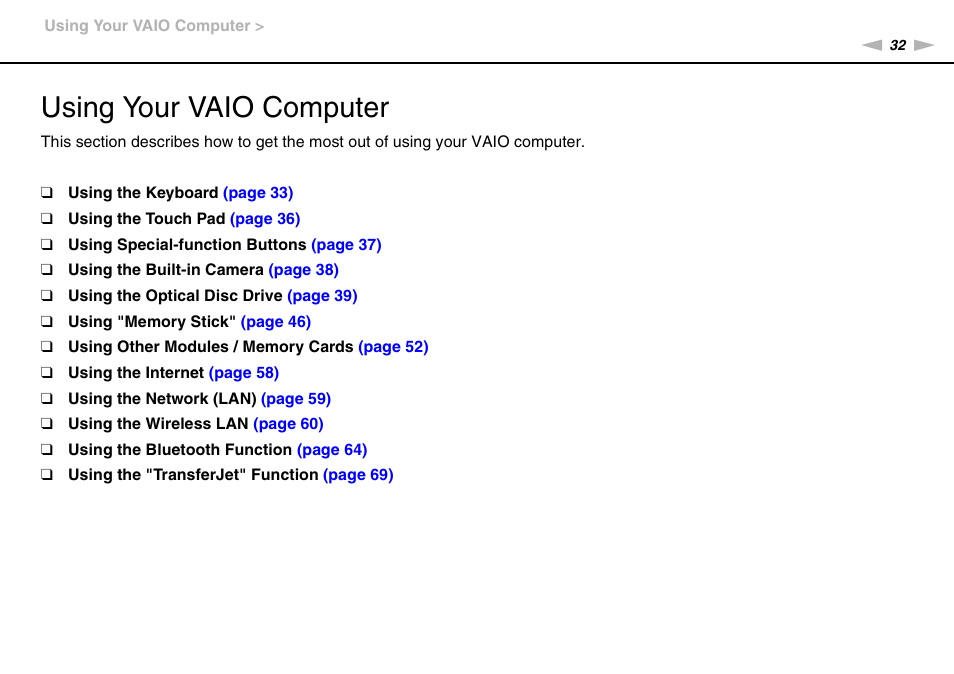 Using your vaio computer | Sony VAIO VPCF11 User Manual | Page 32 / 169