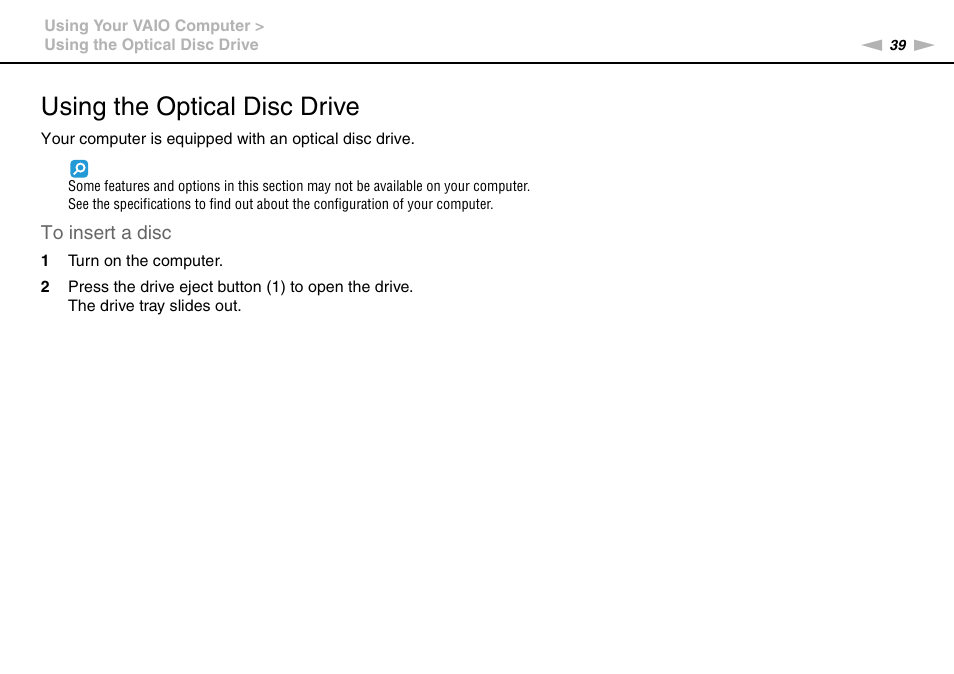 Using the optical disc drive | Sony VAIO VPCF11 User Manual | Page 39 / 169