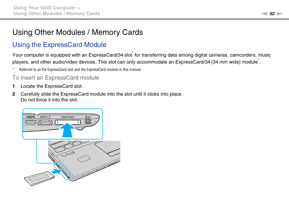 Using other modules / memory cards, Using the expresscard module | Sony VAIO VPCF11 User Manual | Page 52 / 169