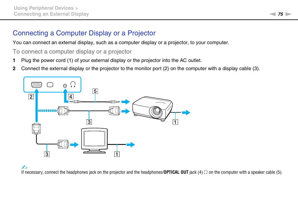 Connecting a computer display or a projector | Sony VAIO VPCF11 User Manual | Page 75 / 169