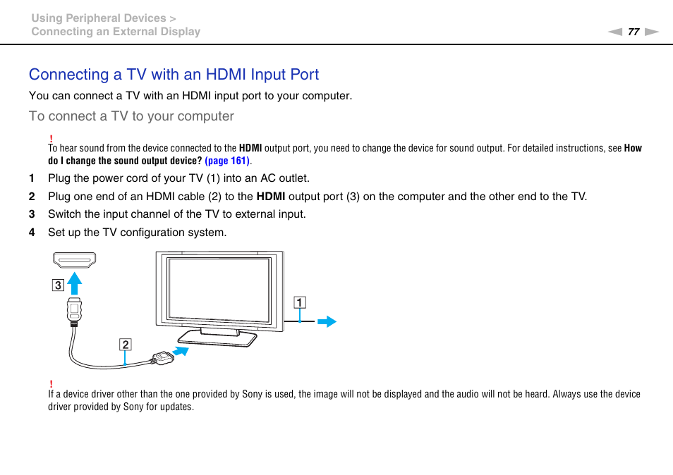 Connecting a tv with an hdmi input port | Sony VAIO VPCF11 User Manual | Page 77 / 169