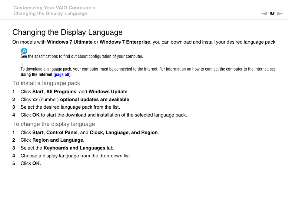 Changing the display language | Sony VAIO VPCF11 User Manual | Page 98 / 169