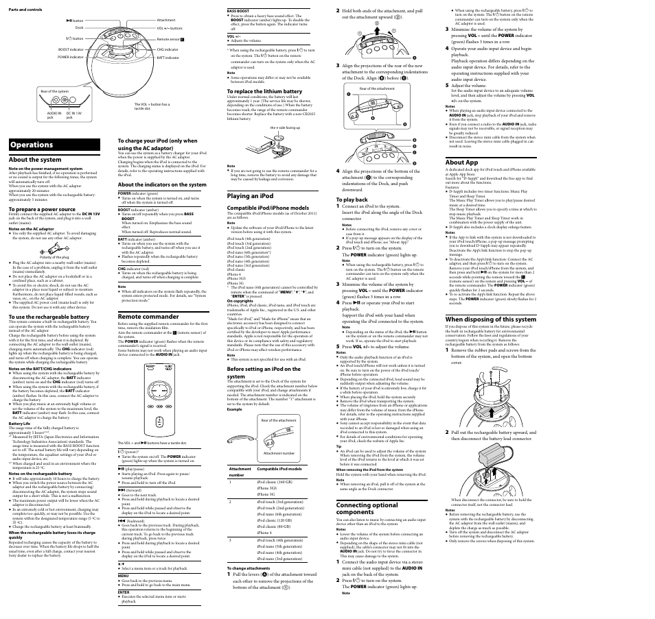 Operations, Remote commander, Playing an ipod | Connecting optional components, About the system, About app, When disposing of this system | Sony RDP-V20IP User Manual | Page 2 / 2