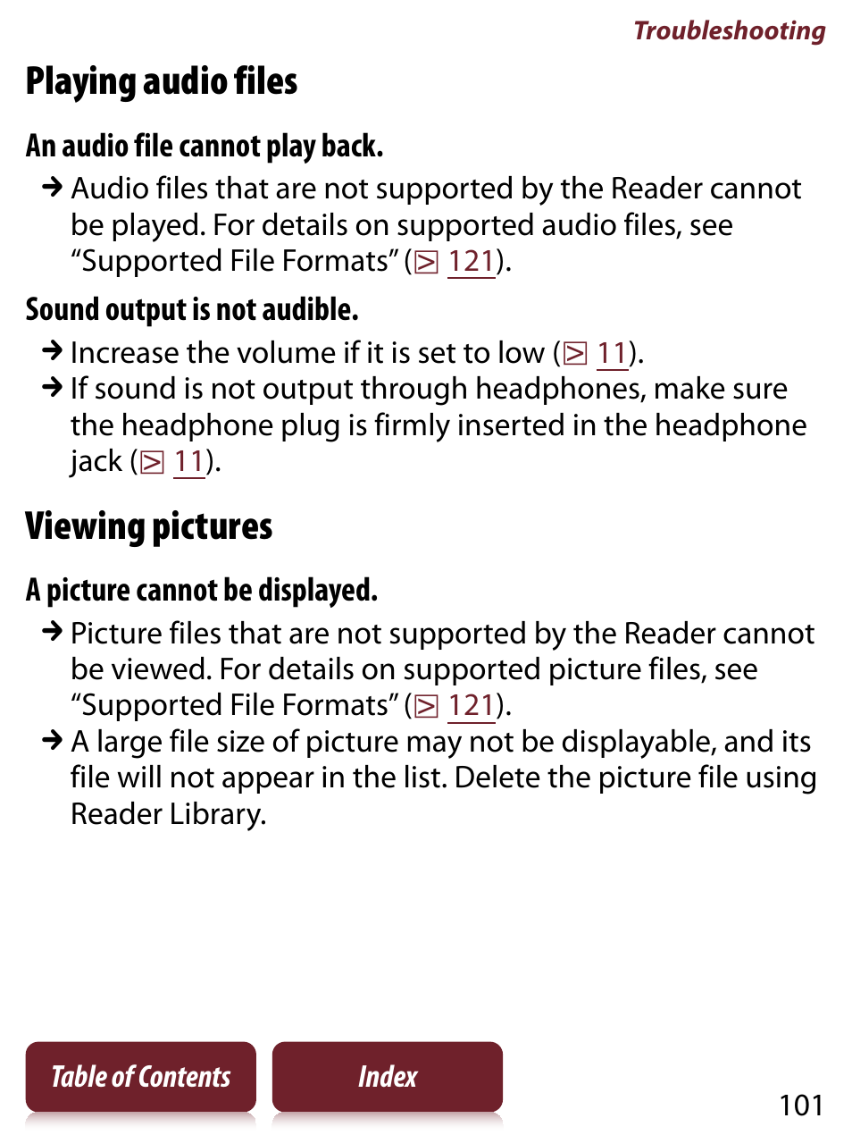 Playing audio files, Viewing pictures | Sony READER TOUCH EDITION PRS-650 User Manual | Page 101 / 139