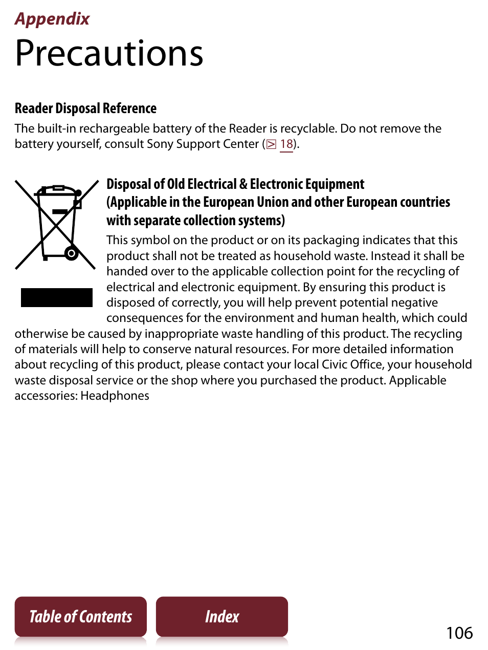 Appendix, Precautions, Appendix 106 table of contents index | Sony READER TOUCH EDITION PRS-650 User Manual | Page 106 / 139