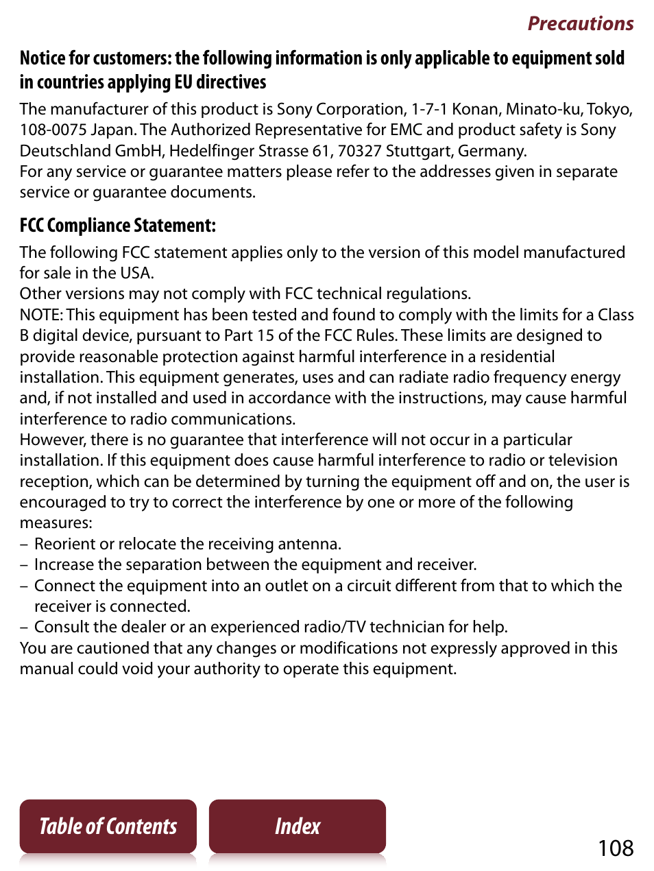 108 table of contents index, Precautions, Fcc compliance statement | Sony READER TOUCH EDITION PRS-650 User Manual | Page 108 / 139