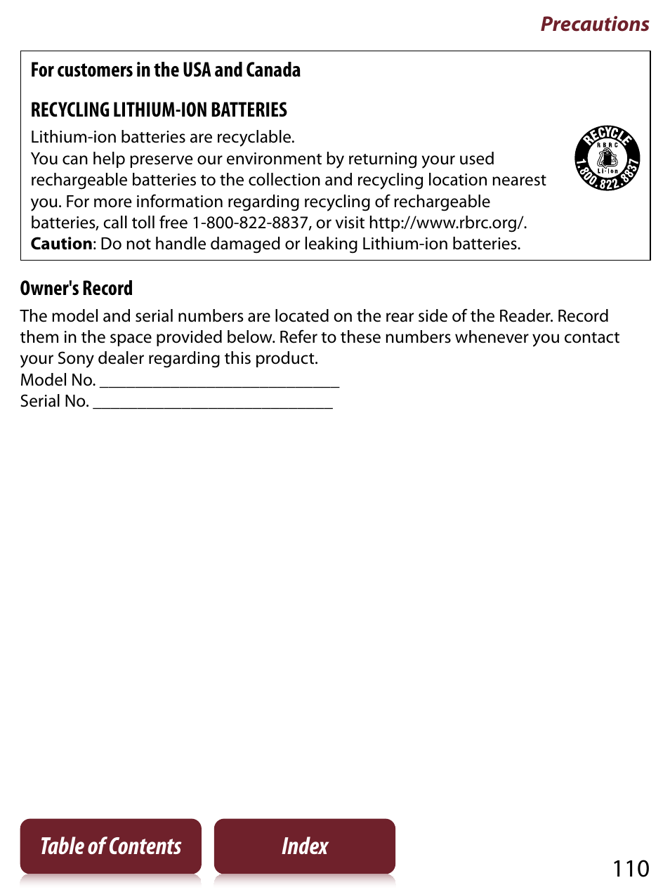110 table of contents index | Sony READER TOUCH EDITION PRS-650 User Manual | Page 110 / 139