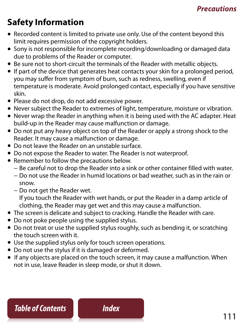 111 table of contents index safety information, Precautions | Sony READER TOUCH EDITION PRS-650 User Manual | Page 111 / 139