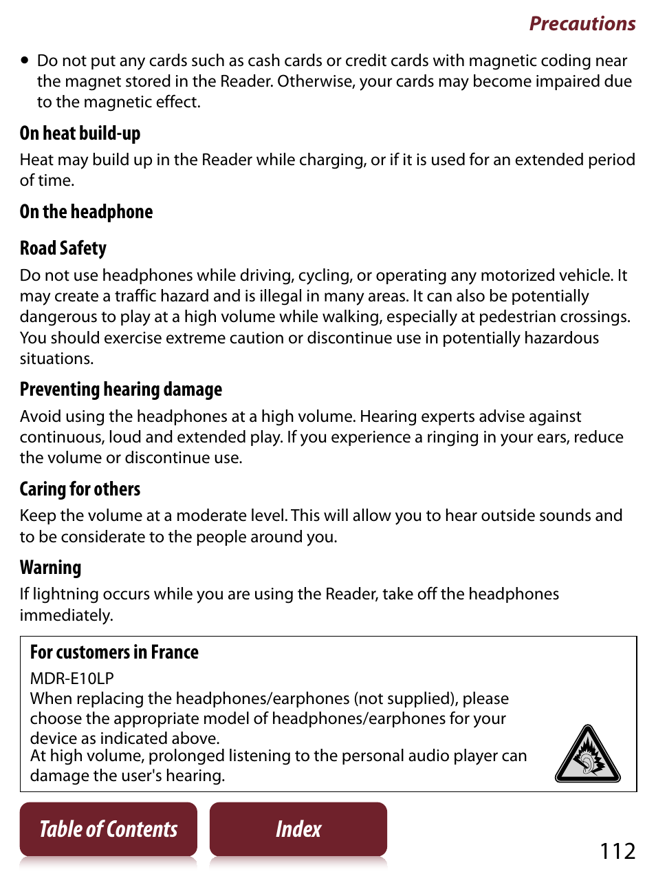 112 table of contents index | Sony READER TOUCH EDITION PRS-650 User Manual | Page 112 / 139
