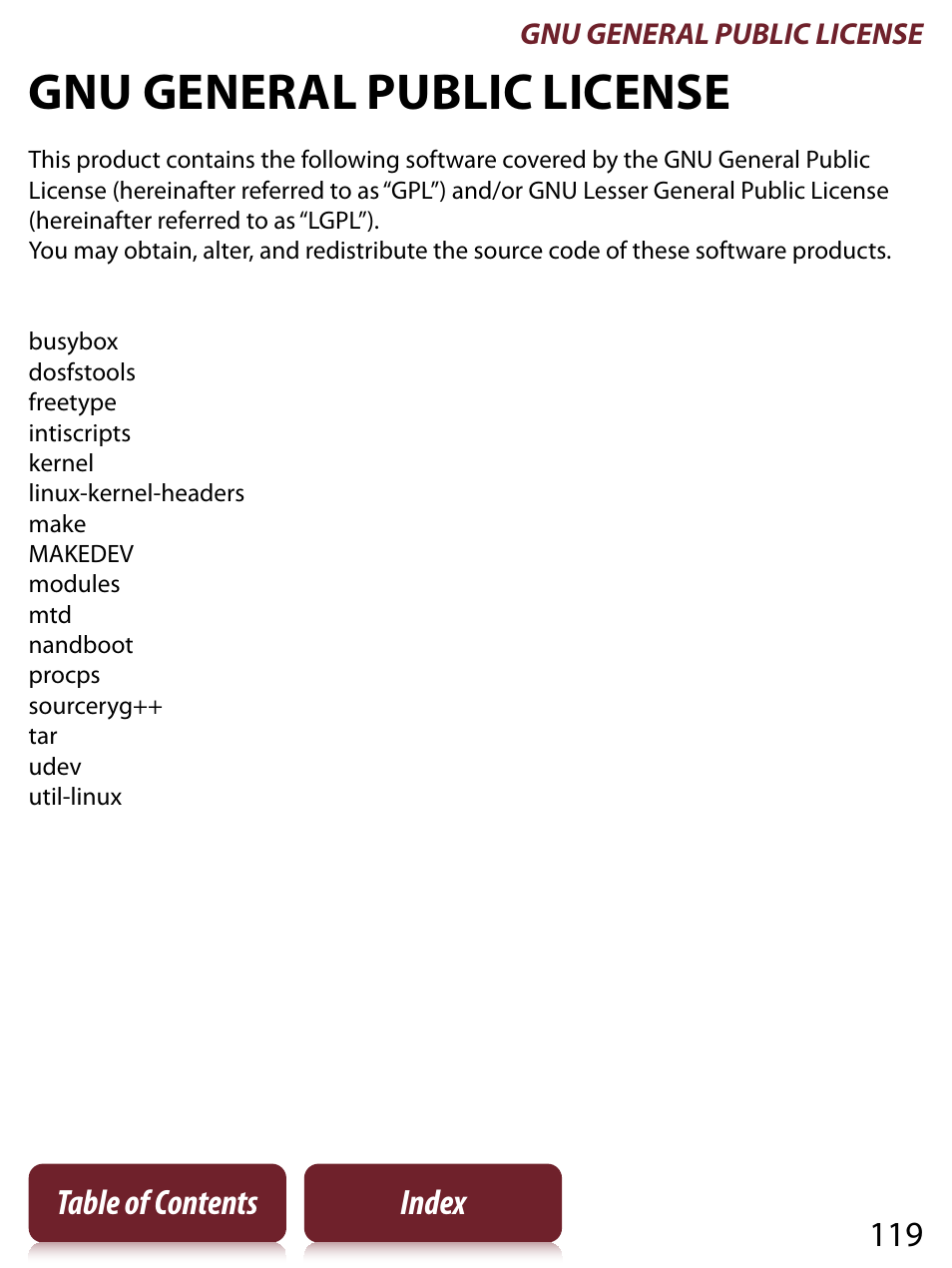 Gnu general public license, 119 table of contents index | Sony READER TOUCH EDITION PRS-650 User Manual | Page 119 / 139