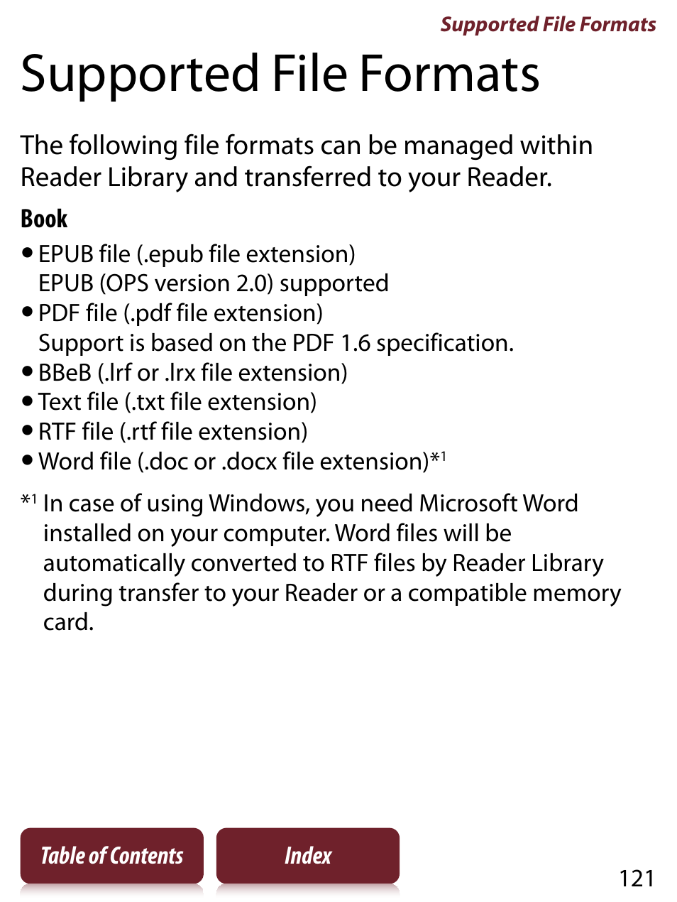 Supported file formats | Sony READER TOUCH EDITION PRS-650 User Manual | Page 121 / 139