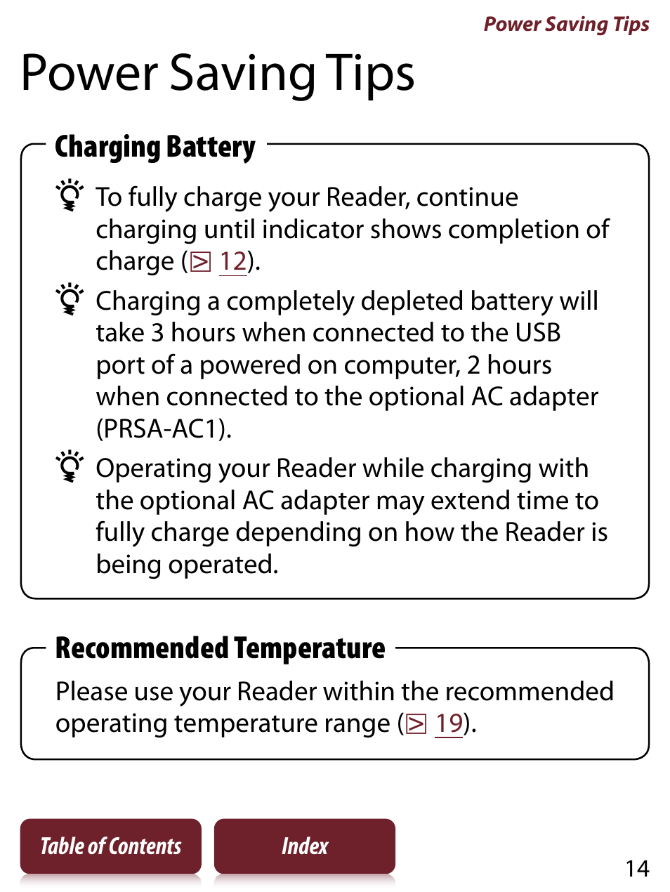 Power saving tips, Charging battery, Recommended temperature | Sony READER TOUCH EDITION PRS-650 User Manual | Page 14 / 139