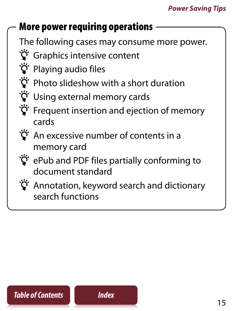 More power requiring operations | Sony READER TOUCH EDITION PRS-650 User Manual | Page 15 / 139