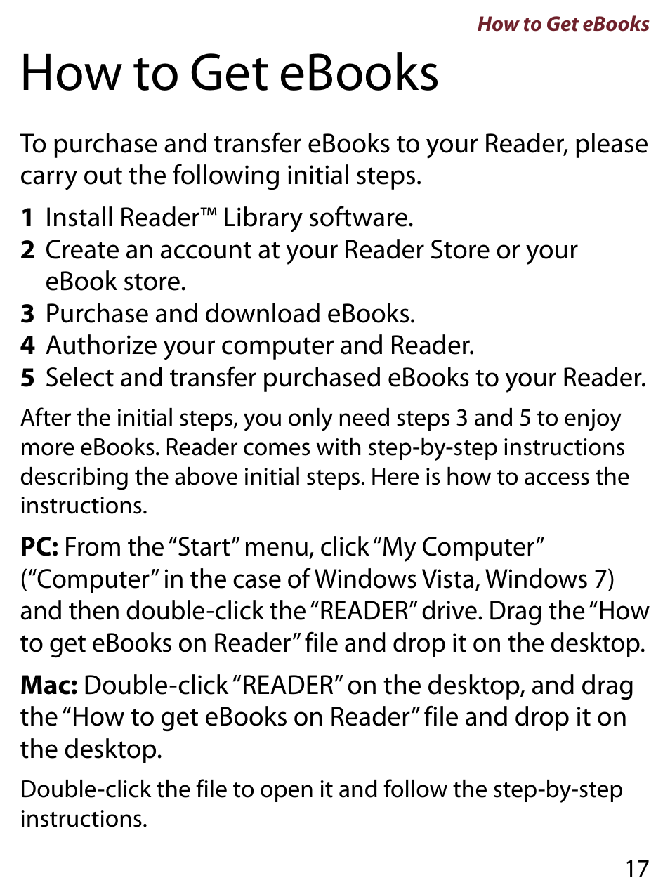 How to get ebooks | Sony READER TOUCH EDITION PRS-650 User Manual | Page 17 / 139