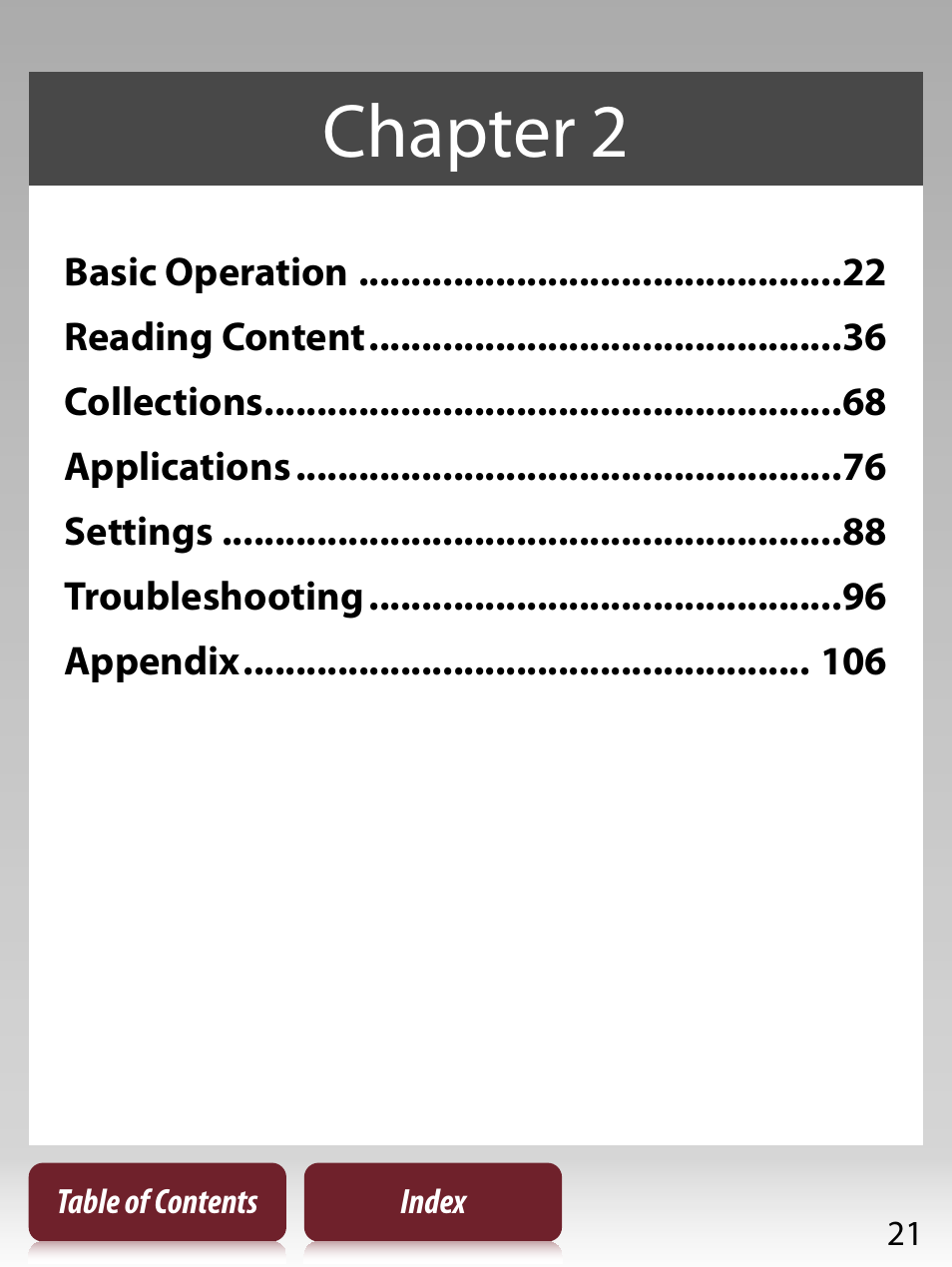 Chapter 2 | Sony READER TOUCH EDITION PRS-650 User Manual | Page 21 / 139