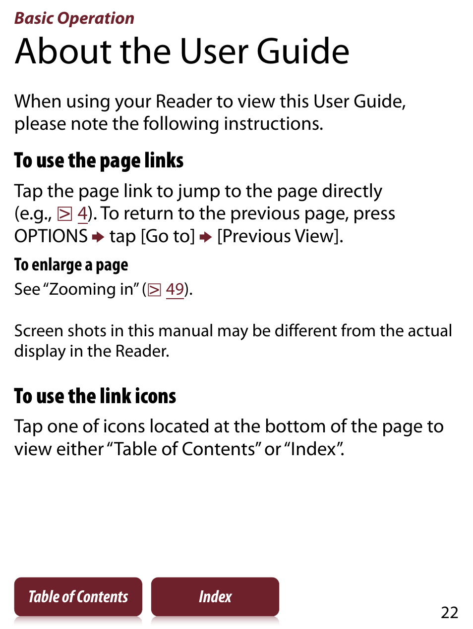 Basic operation, About the user guide | Sony READER TOUCH EDITION PRS-650 User Manual | Page 22 / 139