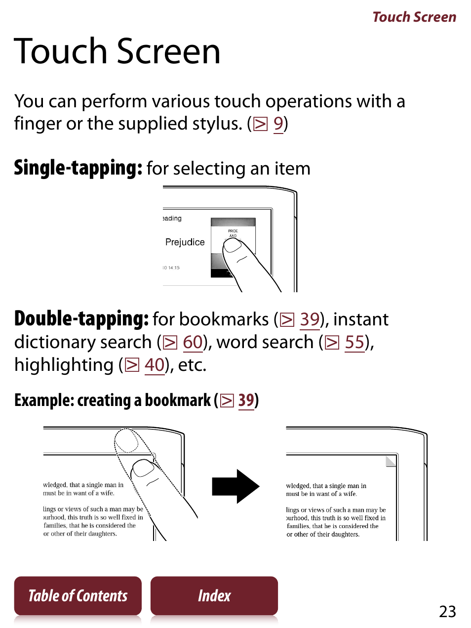 Touch screen, Single-tapping, Double-tapping | Sony READER TOUCH EDITION PRS-650 User Manual | Page 23 / 139