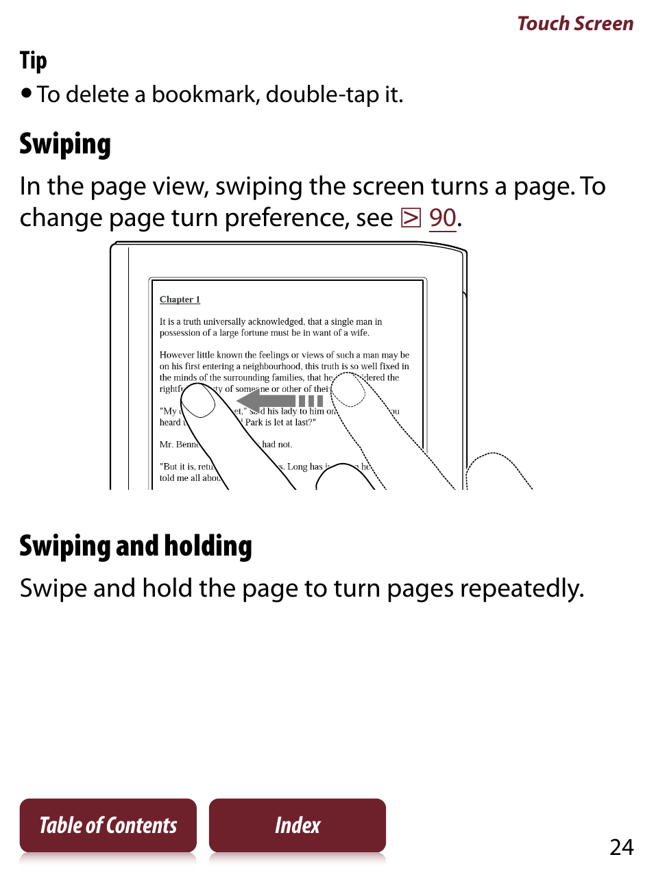 Swiping, Swiping and holding | Sony READER TOUCH EDITION PRS-650 User Manual | Page 24 / 139