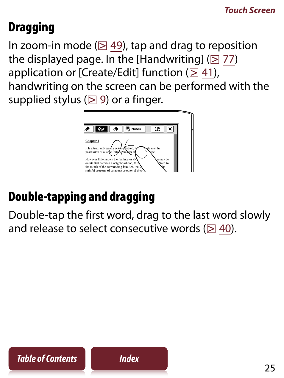 Dragging, Double-tapping and dragging | Sony READER TOUCH EDITION PRS-650 User Manual | Page 25 / 139