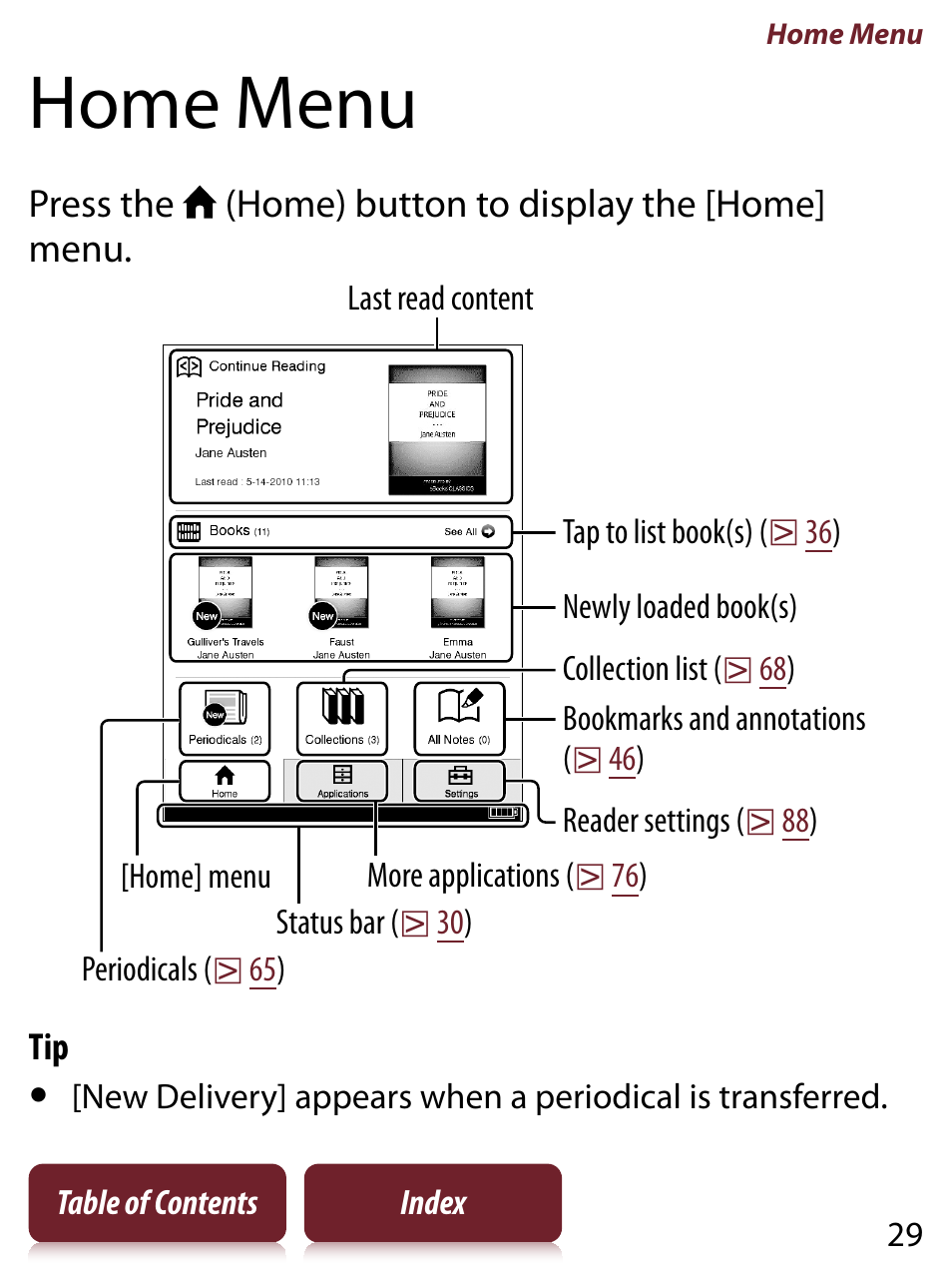 Home menu | Sony READER TOUCH EDITION PRS-650 User Manual | Page 29 / 139