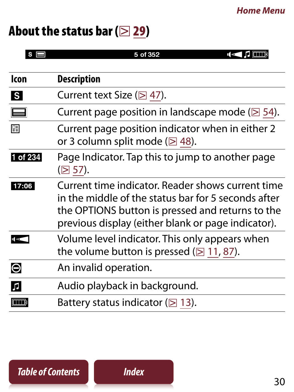 Tus bar, About the status bar (  29 ) | Sony READER TOUCH EDITION PRS-650 User Manual | Page 30 / 139