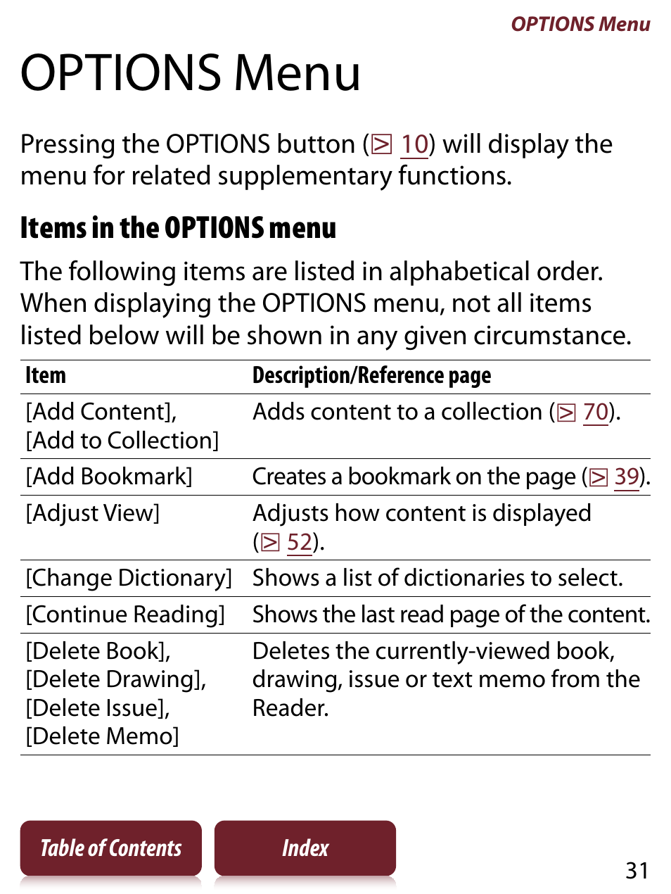 Options menu, Items in the options menu | Sony READER TOUCH EDITION PRS-650 User Manual | Page 31 / 139