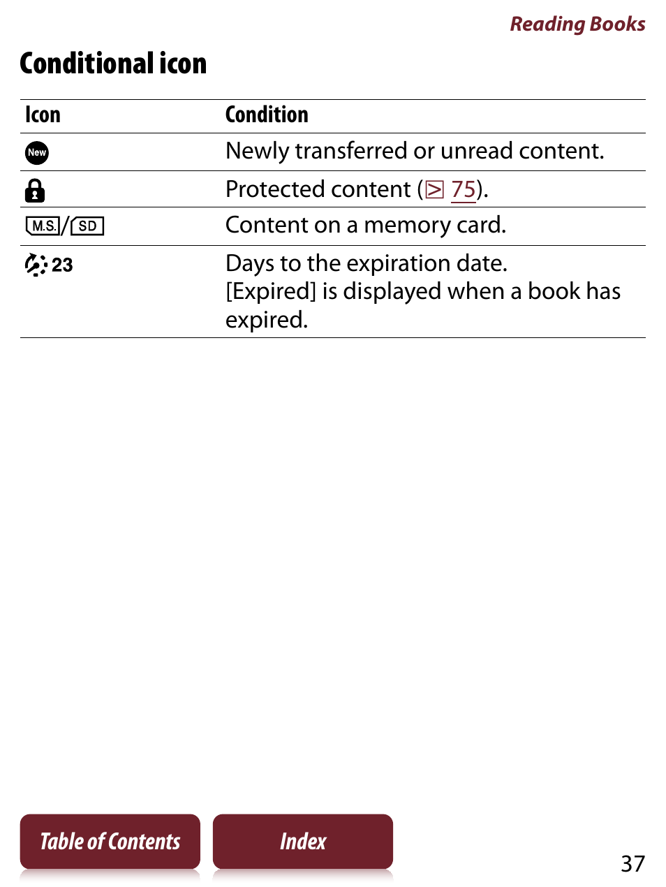 Conditional icon | Sony READER TOUCH EDITION PRS-650 User Manual | Page 37 / 139