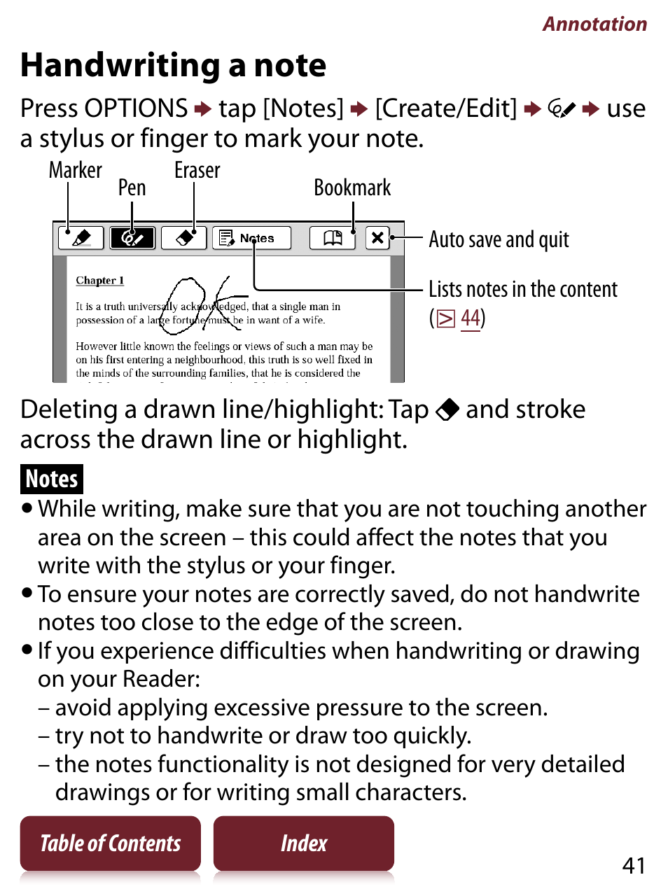 Handwriting a note, Tion, Tions | Sony READER TOUCH EDITION PRS-650 User Manual | Page 41 / 139