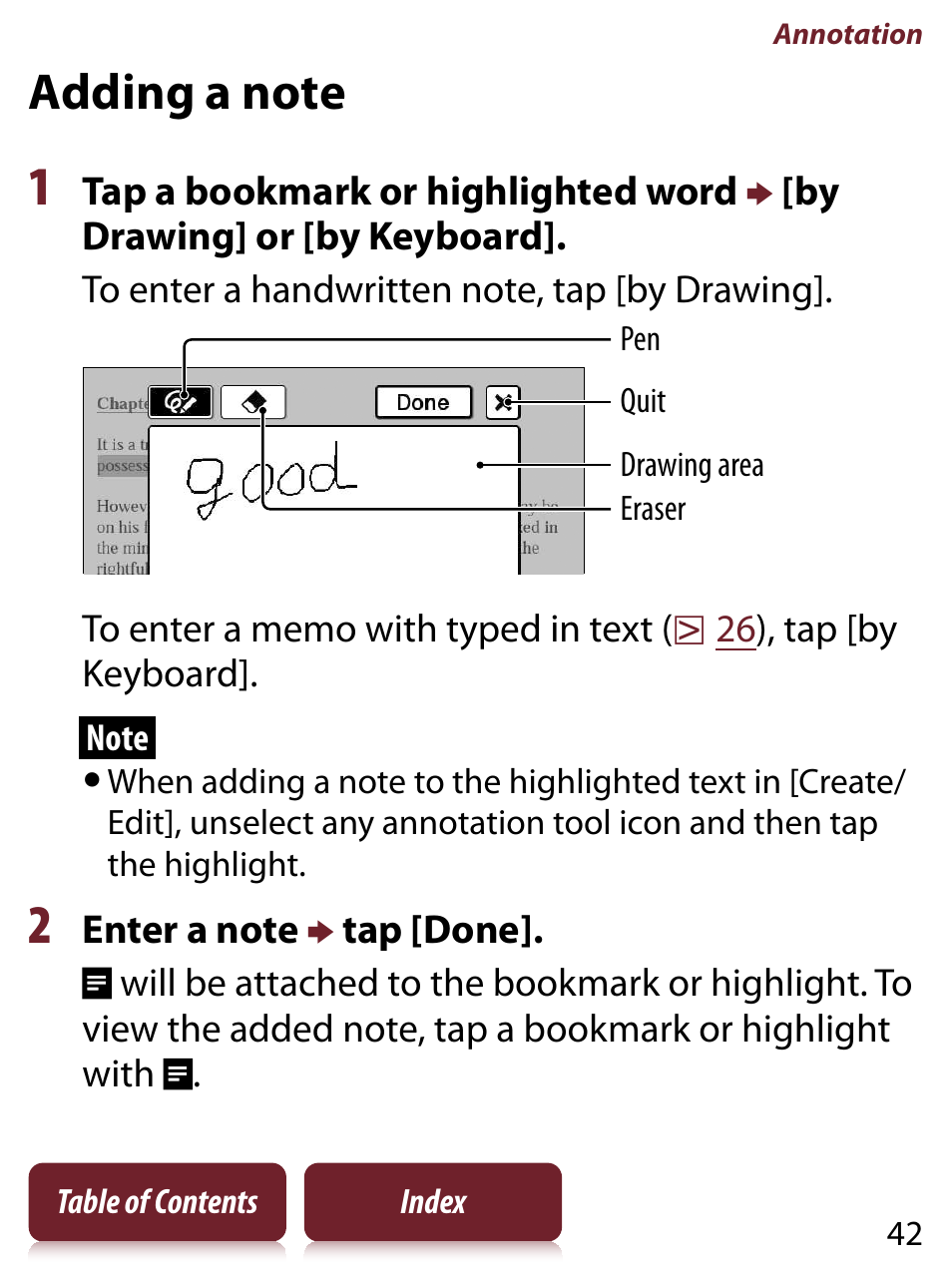 Adding a note | Sony READER TOUCH EDITION PRS-650 User Manual | Page 42 / 139