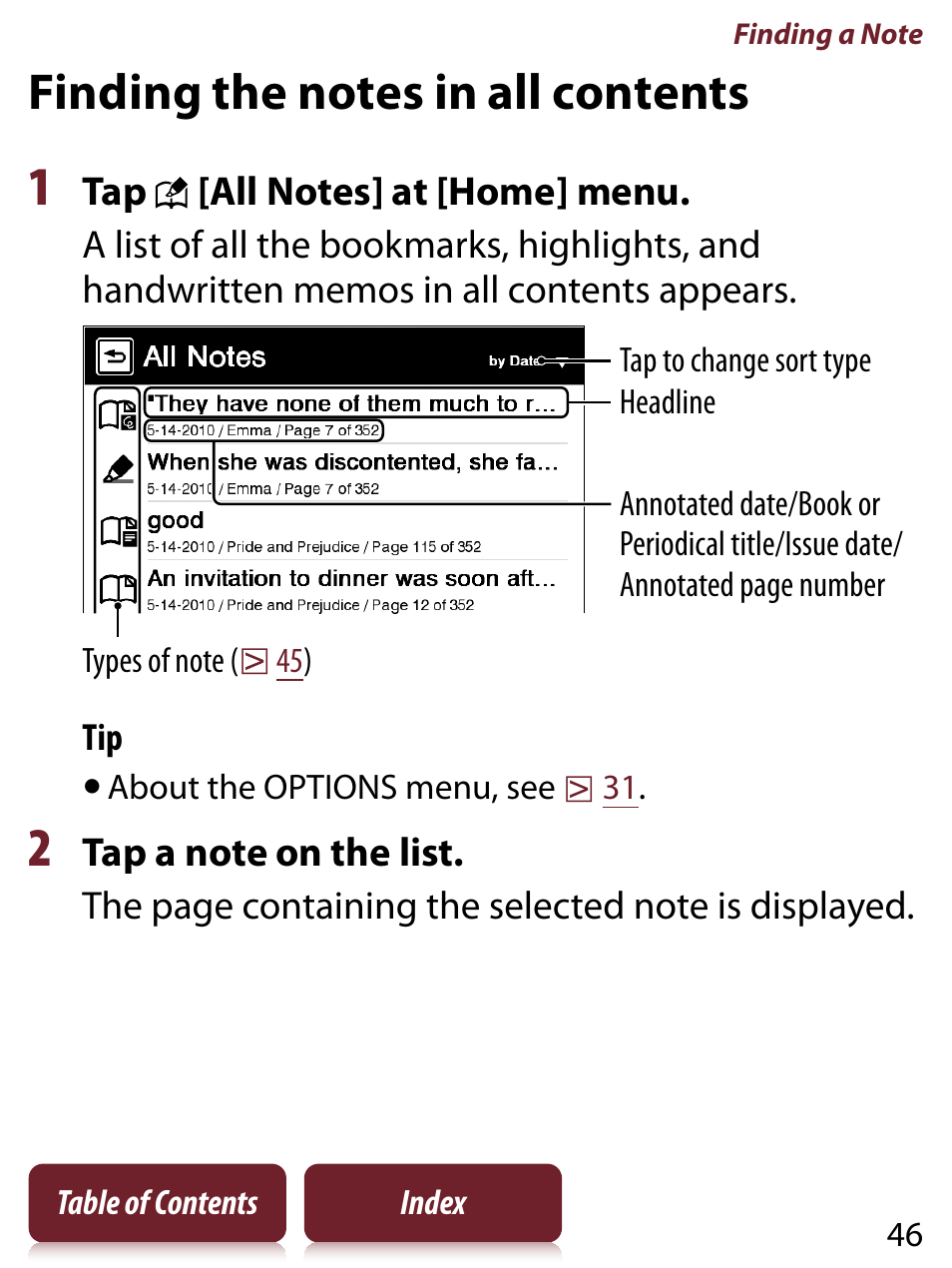 Finding the notes in all contents, Books | Sony READER TOUCH EDITION PRS-650 User Manual | Page 46 / 139