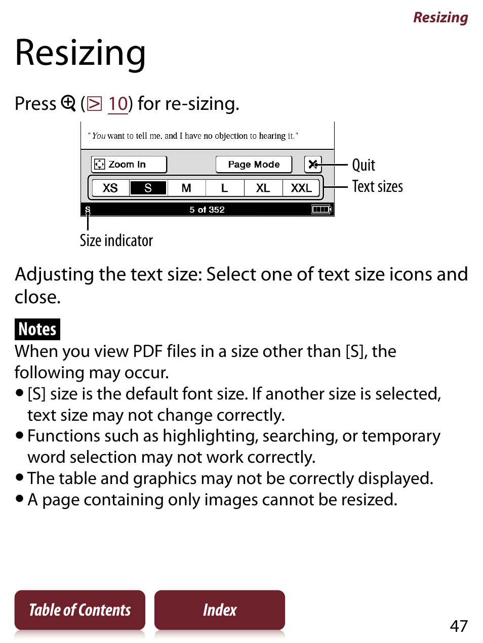 Resizing | Sony READER TOUCH EDITION PRS-650 User Manual | Page 47 / 139