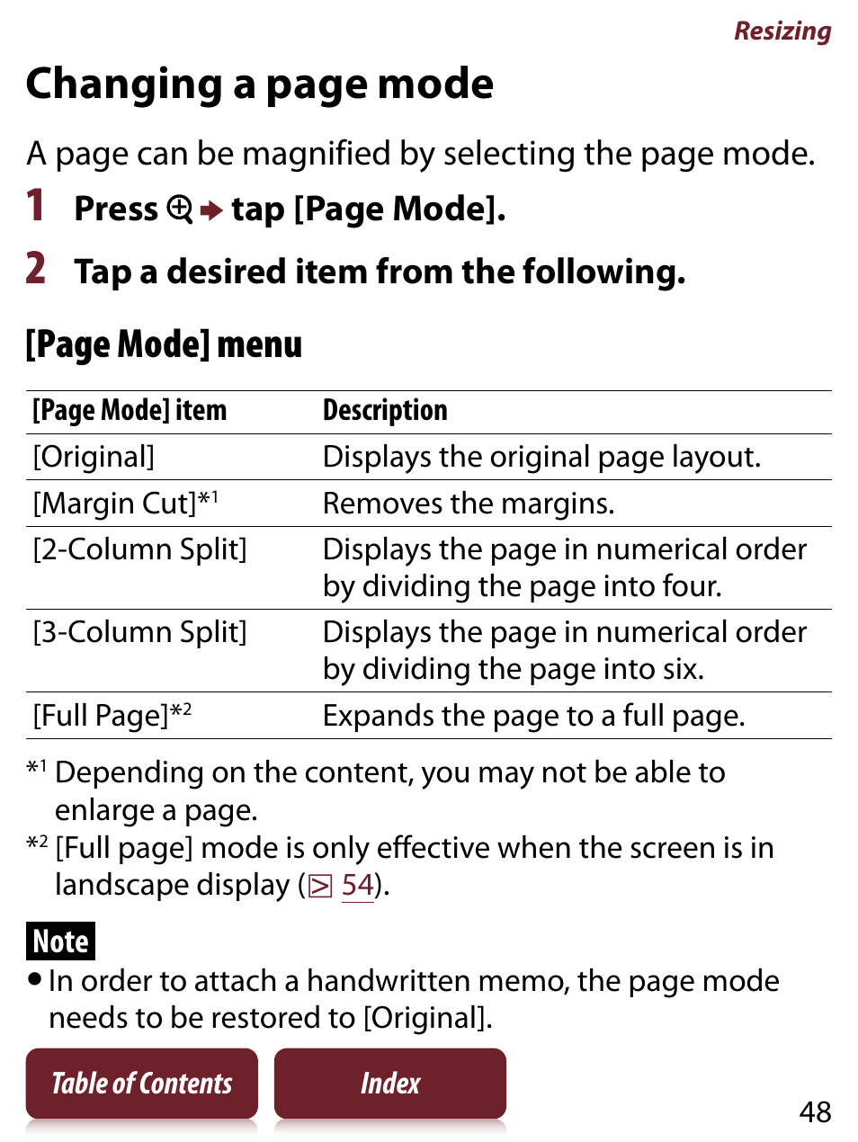 Olumn split mode, Changing a page mode, Page mode] menu | Press  tap [page mode, Tap a desired item from the following, A page can be magnified by selecting the page mode | Sony READER TOUCH EDITION PRS-650 User Manual | Page 48 / 139