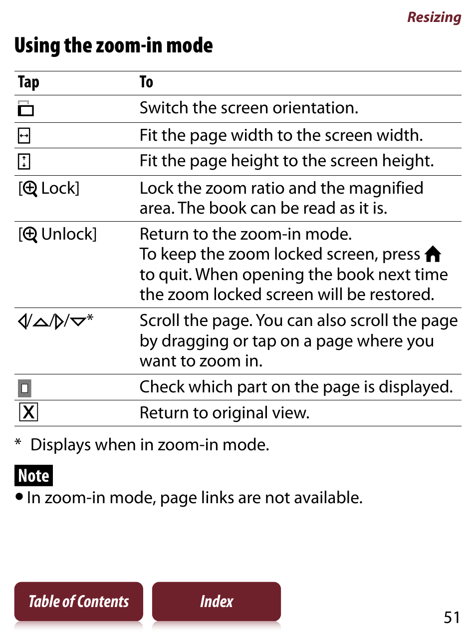Using the zoom-in mode | Sony READER TOUCH EDITION PRS-650 User Manual | Page 51 / 139