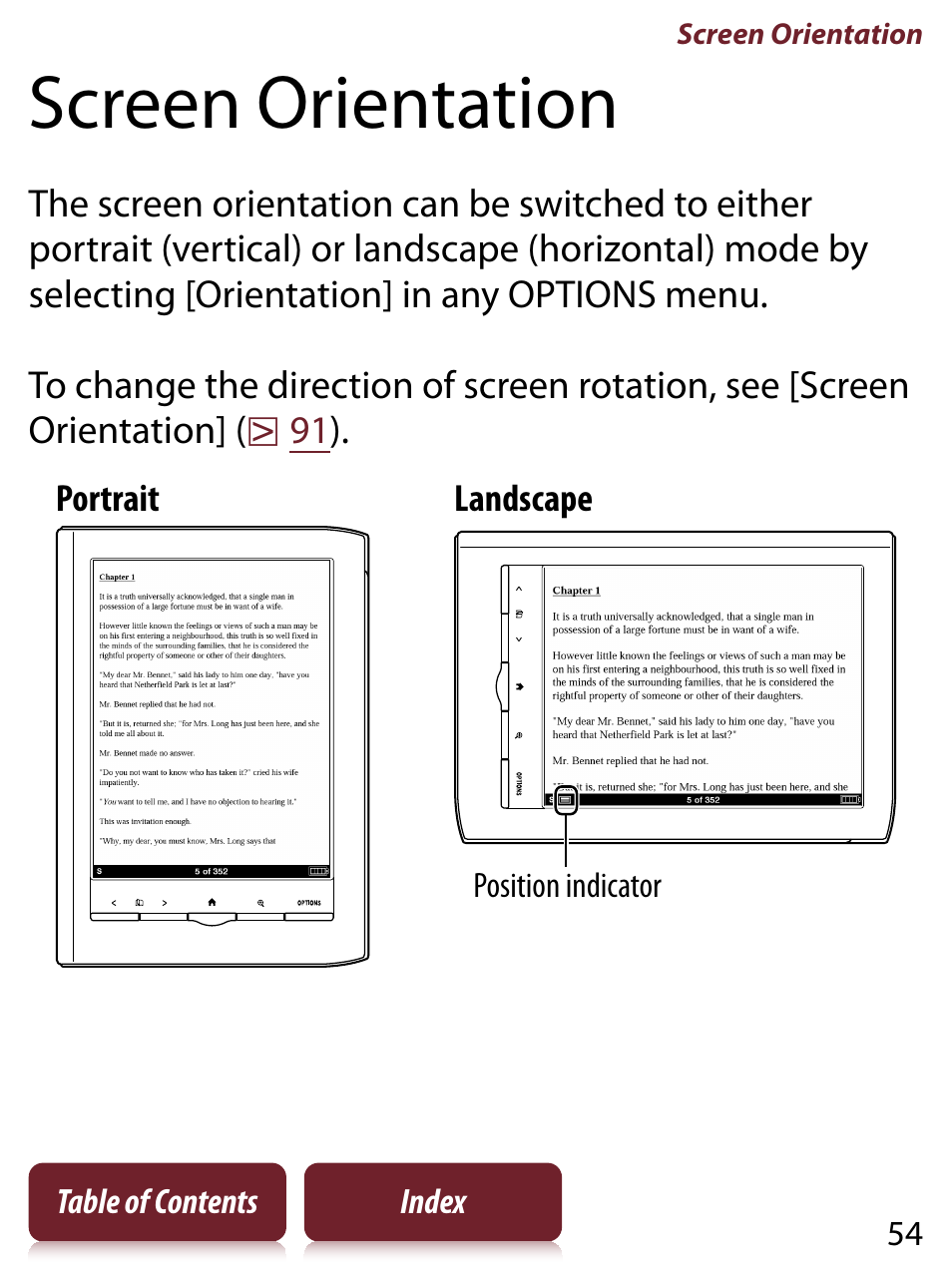 Screen orientation, Ait or landscape mode | Sony READER TOUCH EDITION PRS-650 User Manual | Page 54 / 139