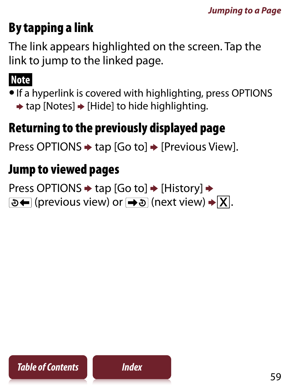 By tapping a link, Returning to the previously displayed page, Jump to viewed pages | Sony READER TOUCH EDITION PRS-650 User Manual | Page 59 / 139