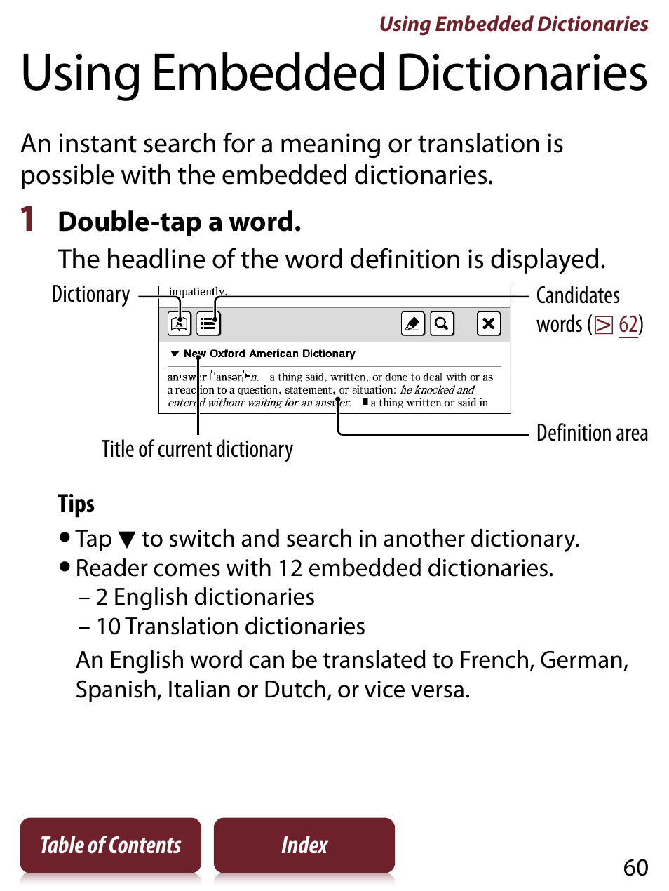 Using embedded dictionaries, Eading a book | Sony READER TOUCH EDITION PRS-650 User Manual | Page 60 / 139