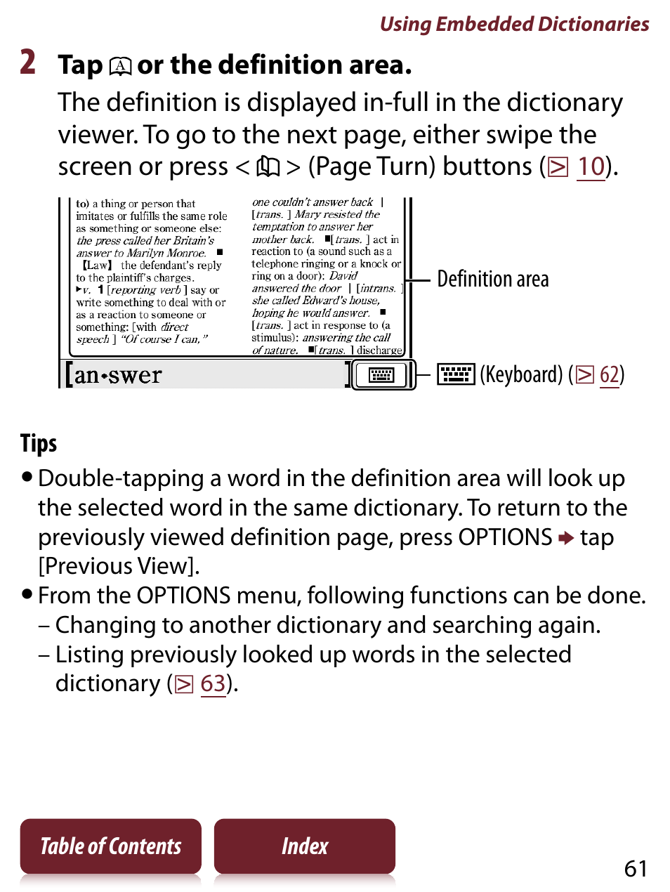 Tap or the definition area | Sony READER TOUCH EDITION PRS-650 User Manual | Page 61 / 139