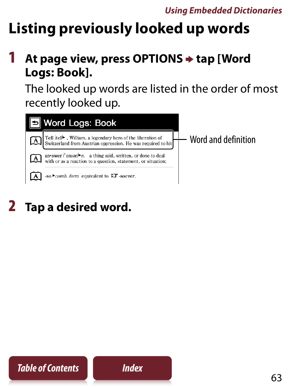 Listing previously looked up words | Sony READER TOUCH EDITION PRS-650 User Manual | Page 63 / 139