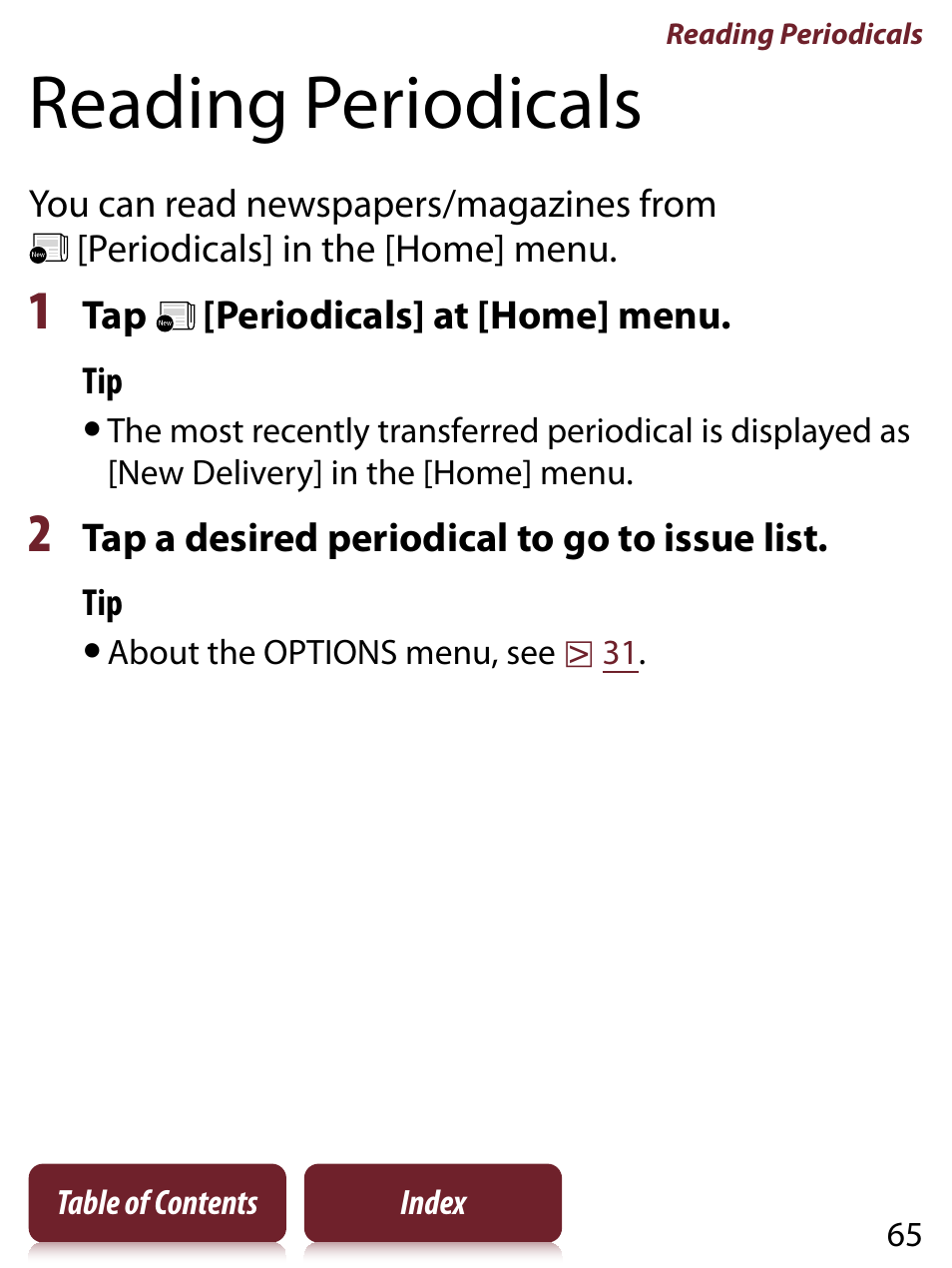 Reading periodicals | Sony READER TOUCH EDITION PRS-650 User Manual | Page 65 / 139