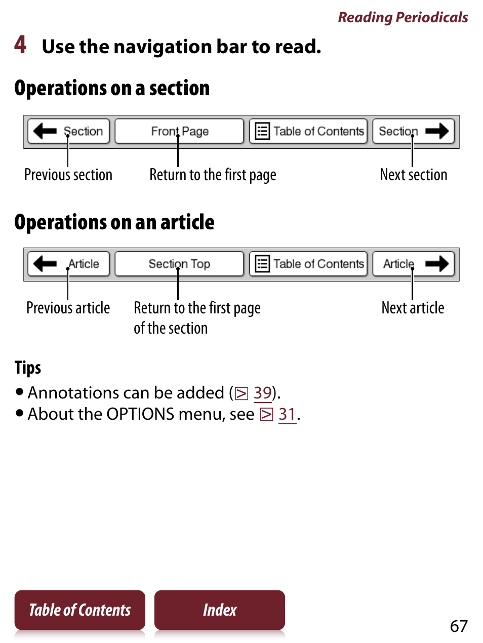 Operations on an article | Sony READER TOUCH EDITION PRS-650 User Manual | Page 67 / 139