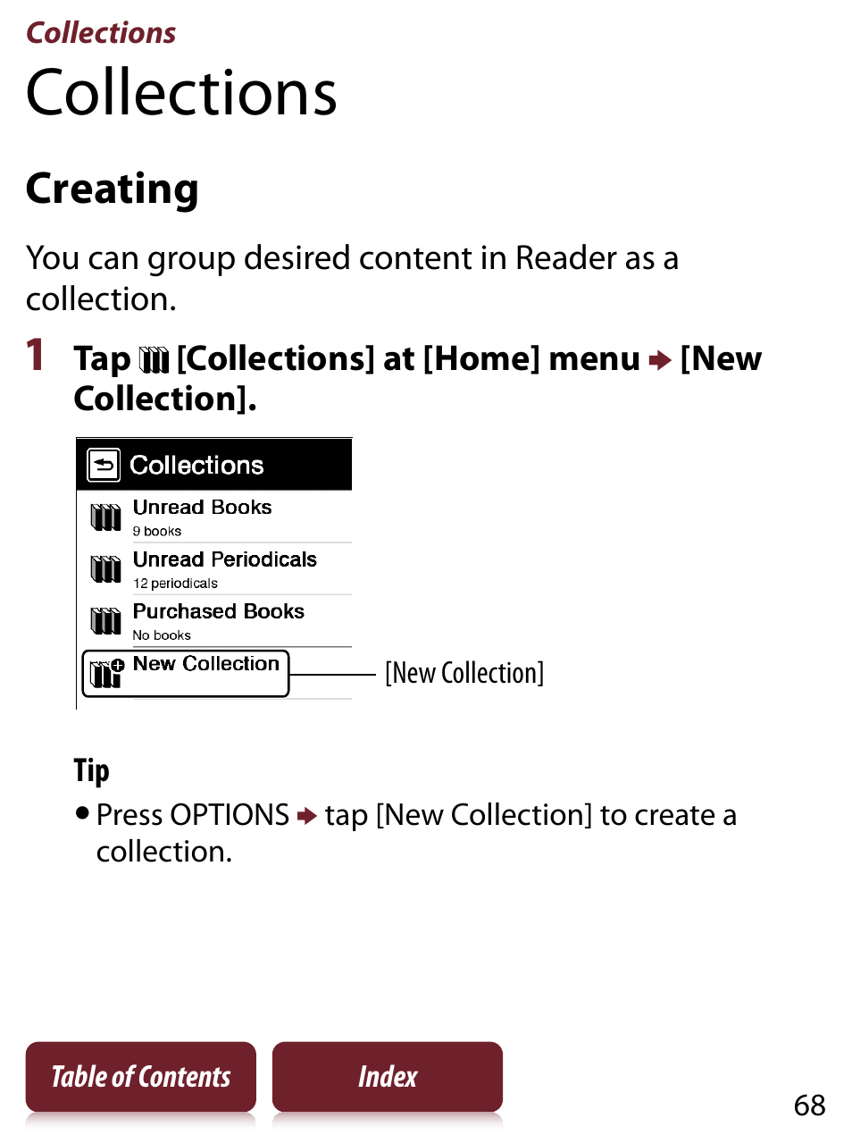 Collections, Creating, Ting | Tion list, Tion | Sony READER TOUCH EDITION PRS-650 User Manual | Page 68 / 139