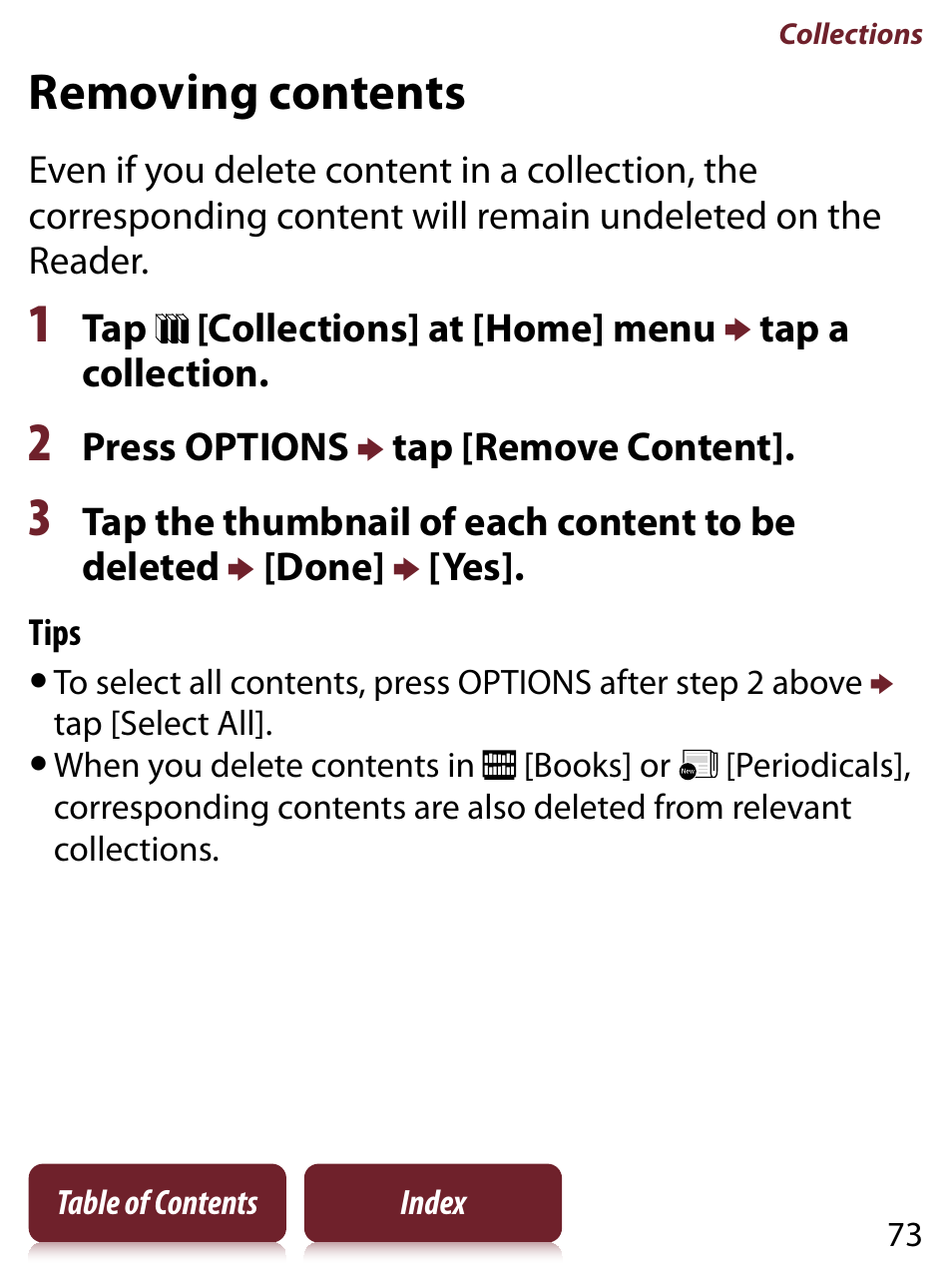 Removing contents | Sony READER TOUCH EDITION PRS-650 User Manual | Page 73 / 139