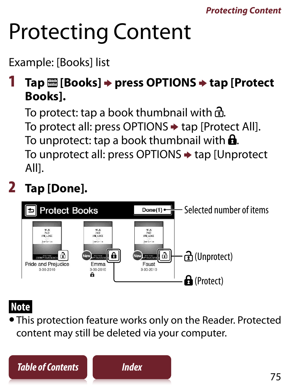 Protecting content, Tal deletion | Sony READER TOUCH EDITION PRS-650 User Manual | Page 75 / 139