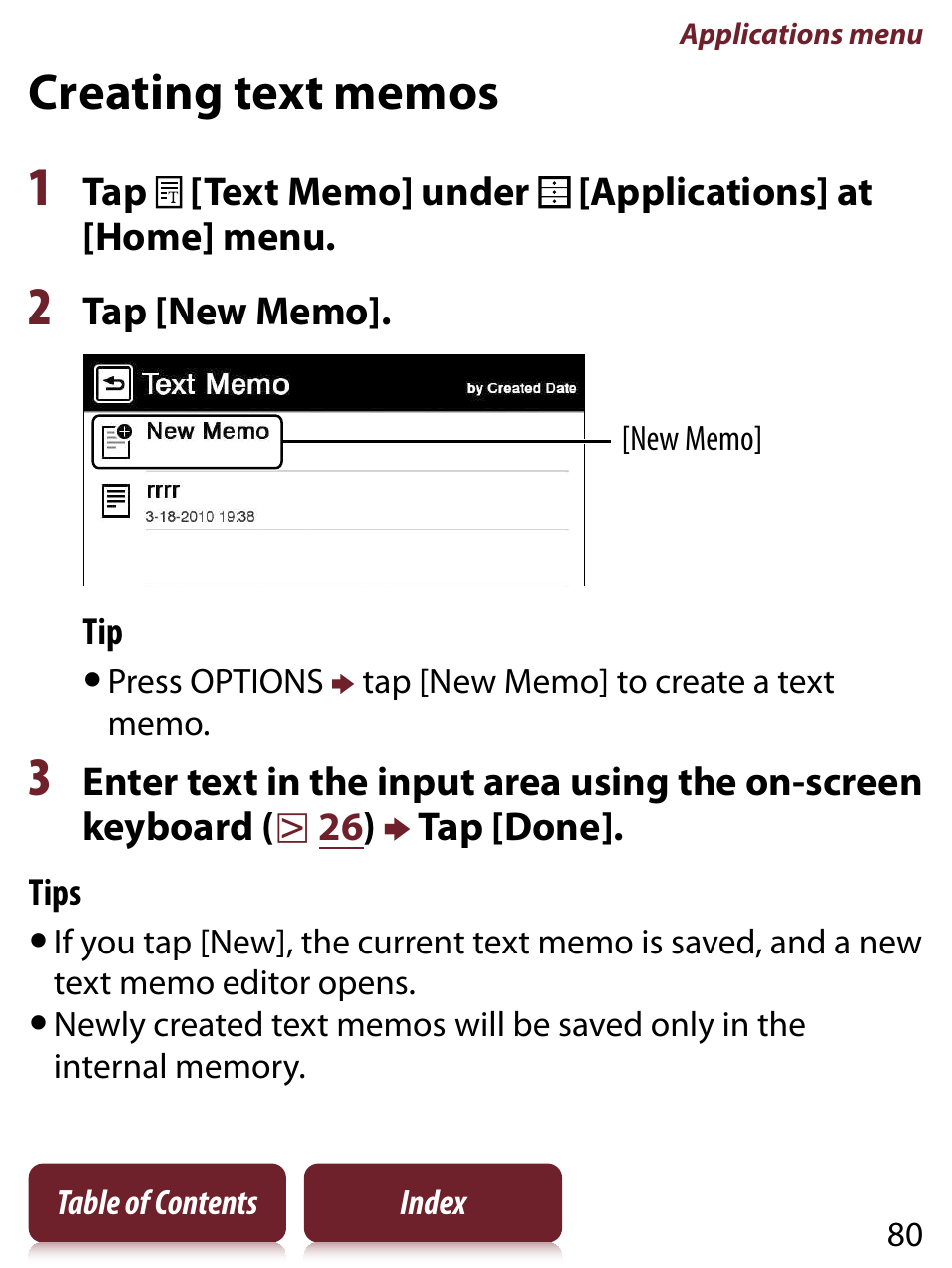 Creating text memos, And dic, Memo(s) | Sony READER TOUCH EDITION PRS-650 User Manual | Page 80 / 139