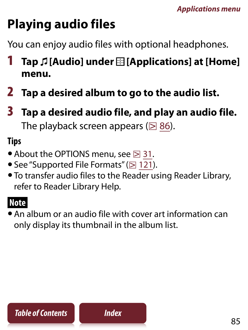 Playing audio files | Sony READER TOUCH EDITION PRS-650 User Manual | Page 85 / 139