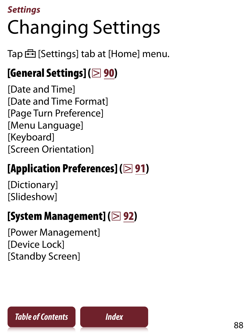 Settings, Changing settings, Reader settings | Sony READER TOUCH EDITION PRS-650 User Manual | Page 88 / 139