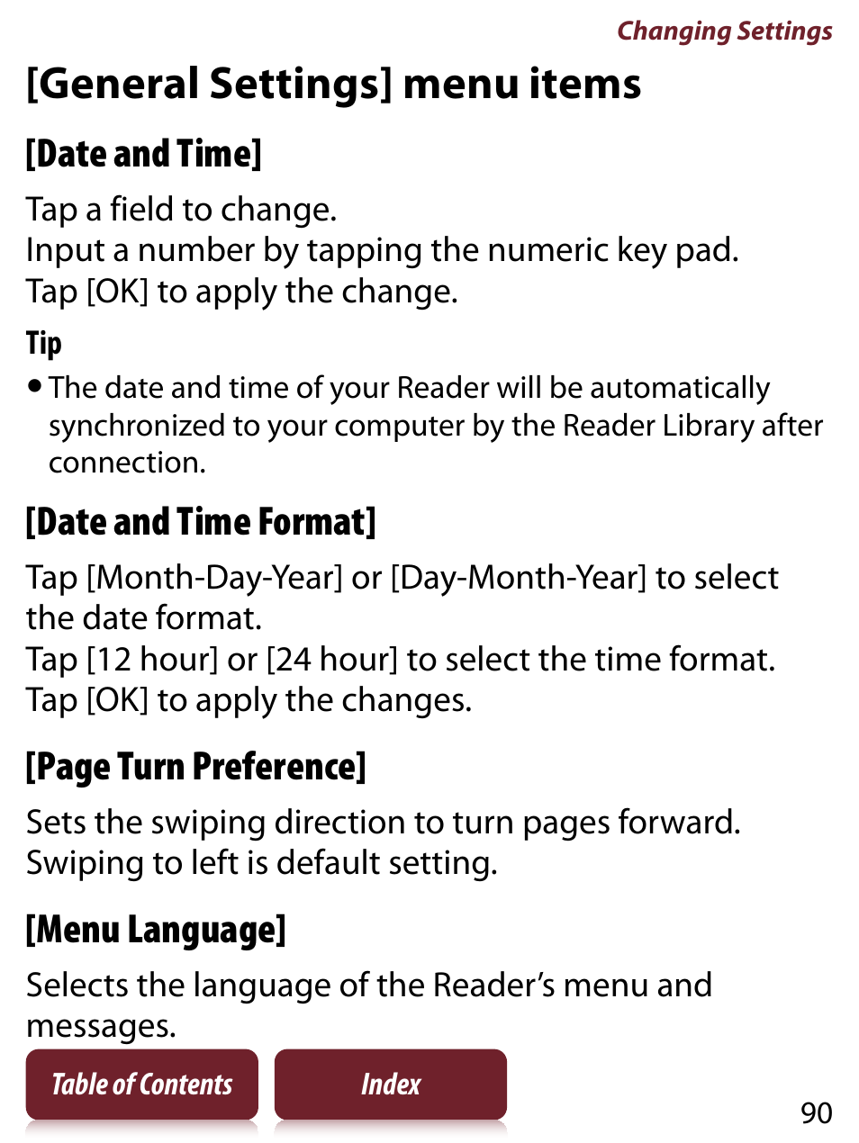 General settings] menu items, Date and time, Date and time format | Page turn preference, Menu language | Sony READER TOUCH EDITION PRS-650 User Manual | Page 90 / 139