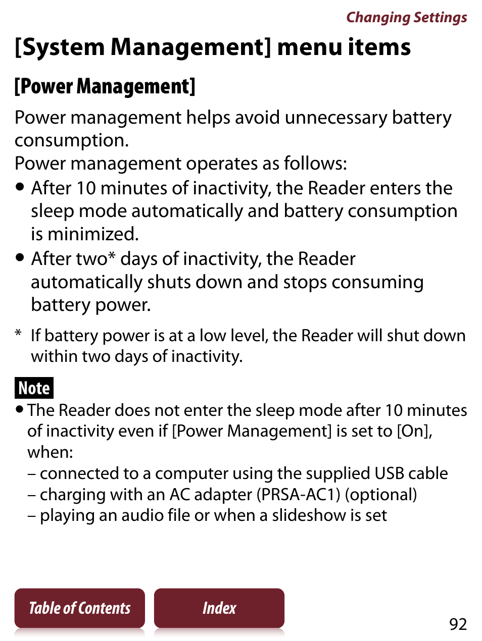 System management] menu items, Power management | Sony READER TOUCH EDITION PRS-650 User Manual | Page 92 / 139