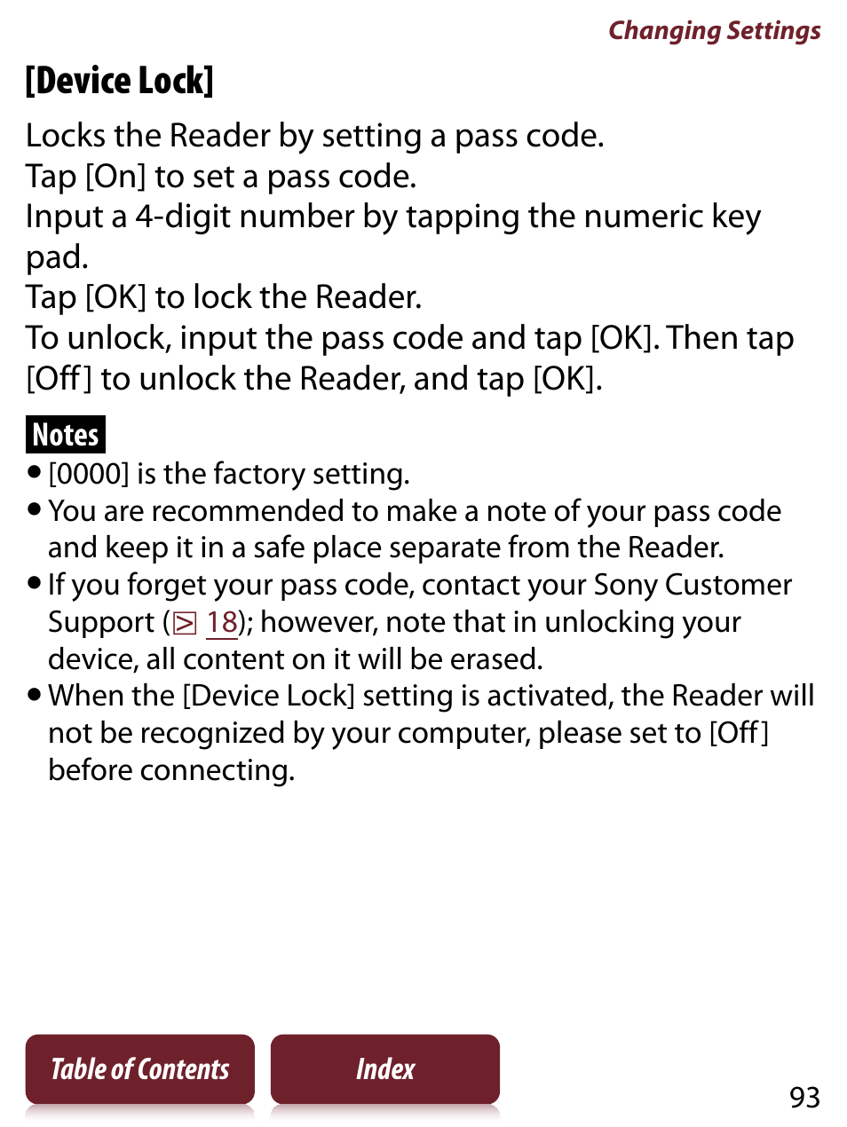 Device lock | Sony READER TOUCH EDITION PRS-650 User Manual | Page 93 / 139