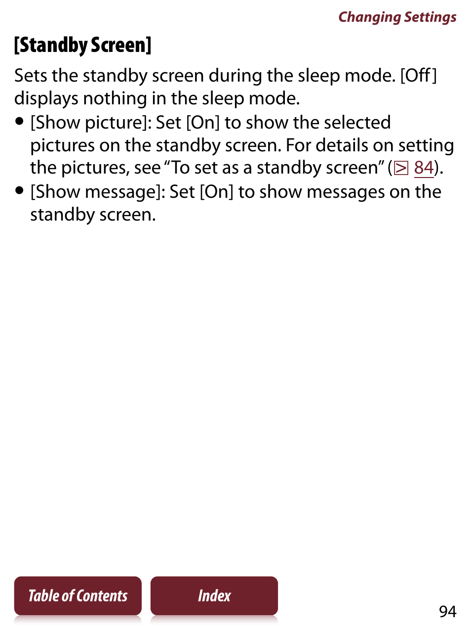 Een], see, Ettings] menu, Standby screen | Sony READER TOUCH EDITION PRS-650 User Manual | Page 94 / 139